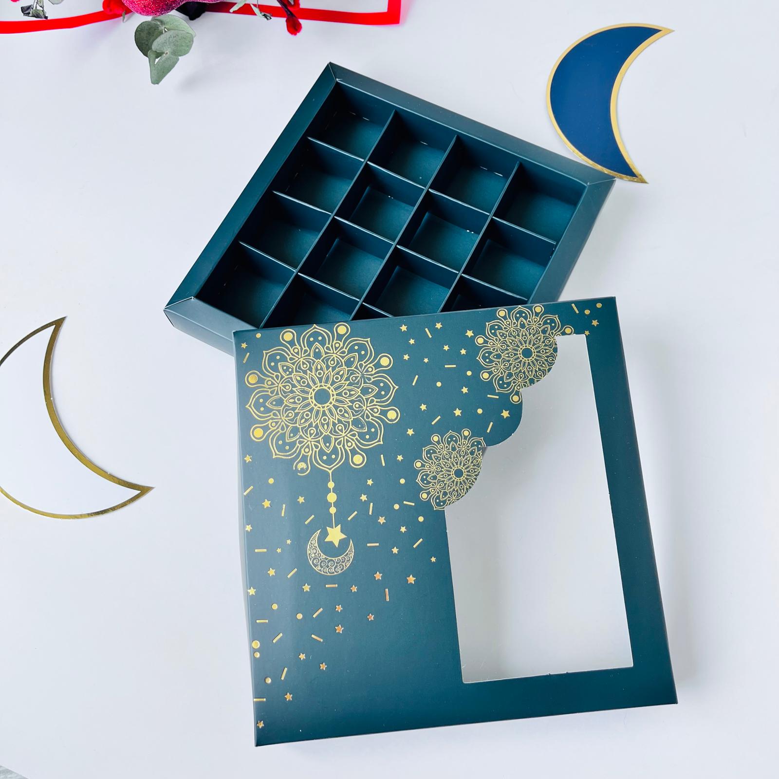 16 Bölmeli Bonbon Çikolata Kutusu Gold Yaldız Ramazan Temalı — galeri görseli