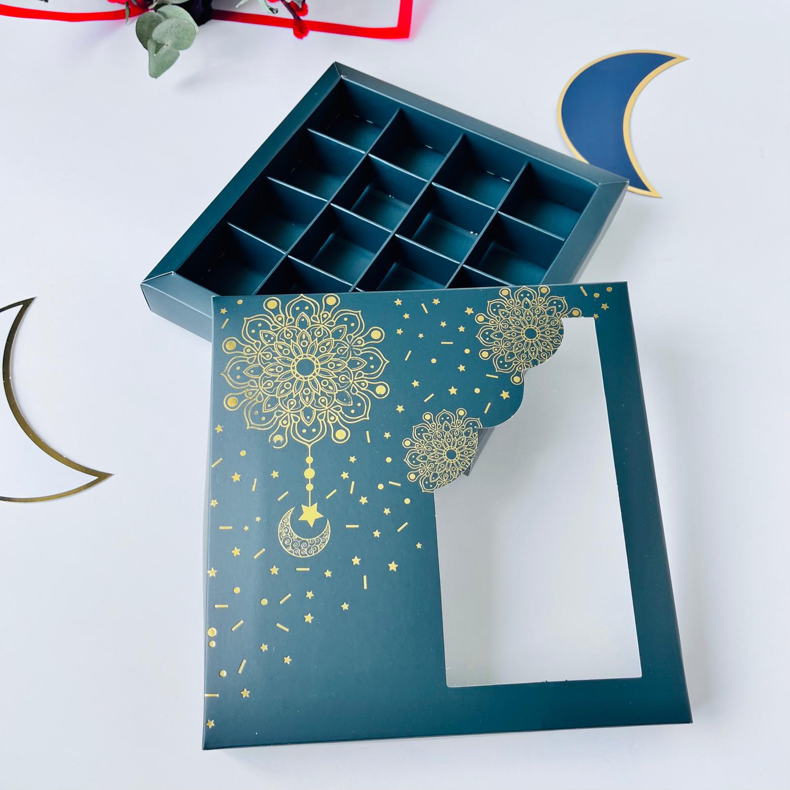 16 Bölmeli Bonbon Çikolata Kutusu Gold Yaldız Ramazan Temalı — galeri görseli