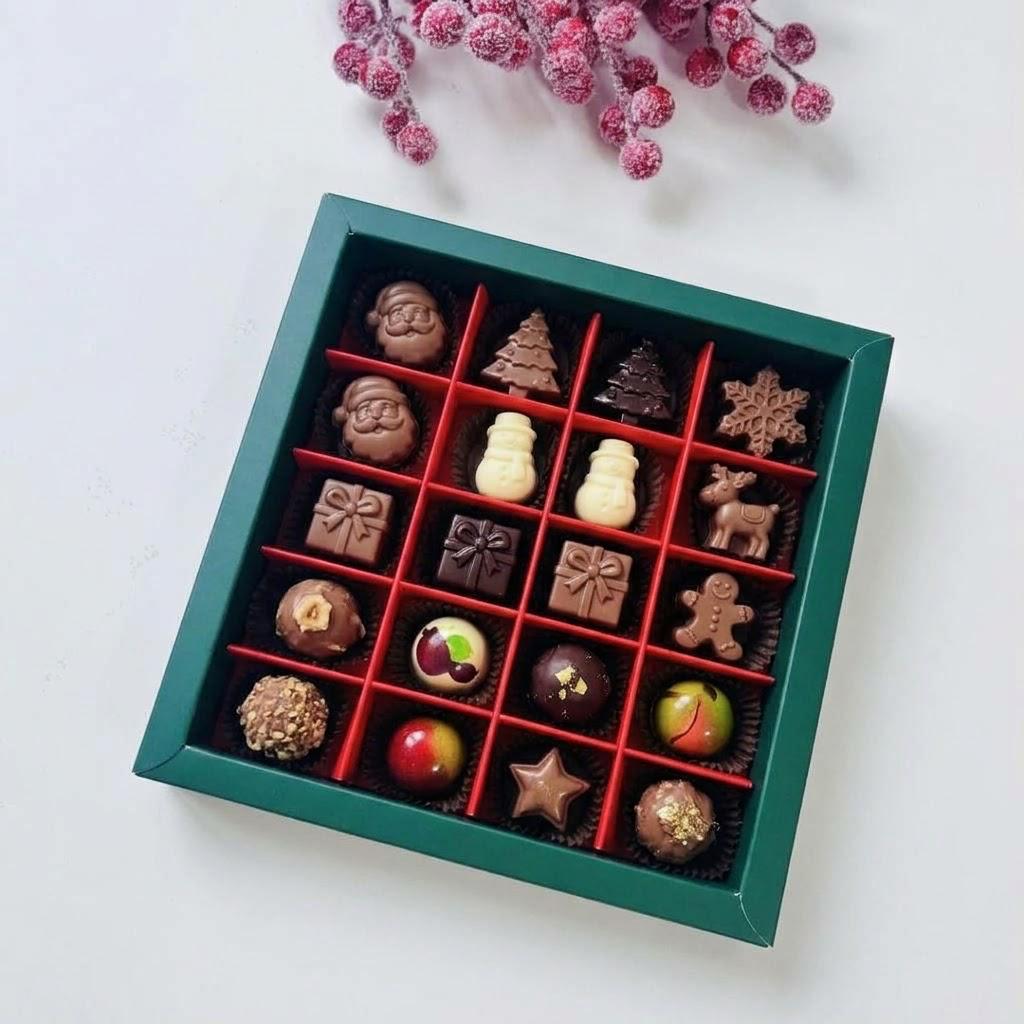16 Bölmeli Pencereli Bonbon Çikolata Kutusu-Yılbaşı Şeritli Kardan Adam — galeri görseli