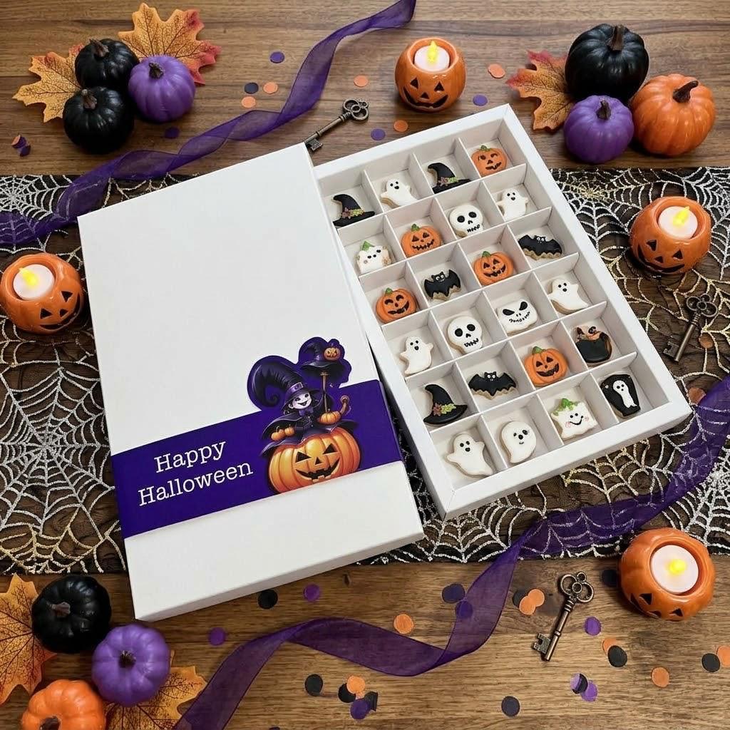 28 Bölmeli Karton Bonbon Çikolata Kutusu-Halloween Şeritli — galeri görseli