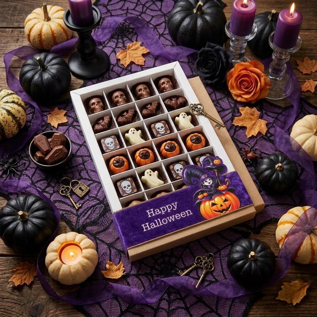 28 Bölmeli Pencereli Bonbon Çikolata Kutusu-Halloween Şeritli — galeri görseli