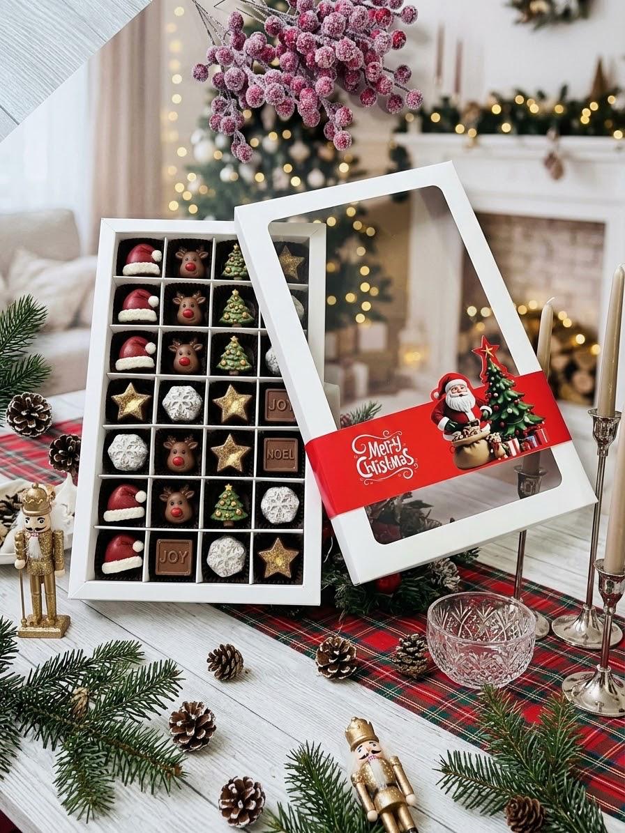 28 Bölmeli Pencereli Bonbon Çikolata Kutusu-Yılbaşı Şeritli Noel Baba — galeri görseli